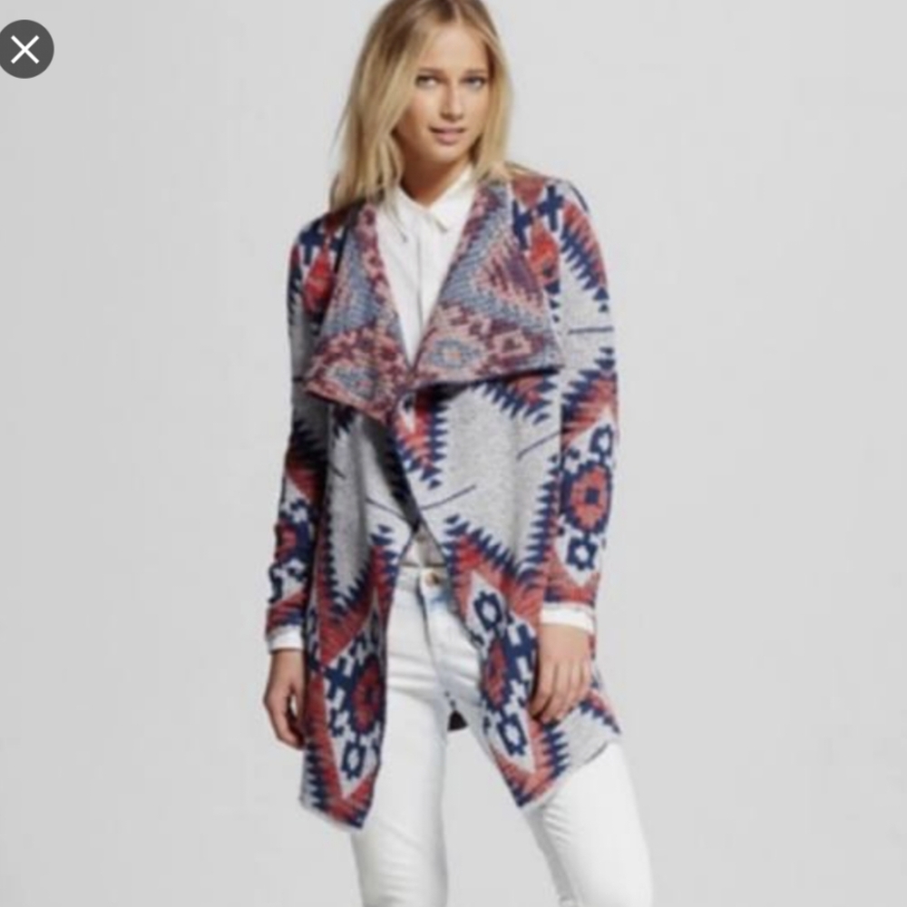 RD Style "Aztec" geometric diamond long waterfall cardigan